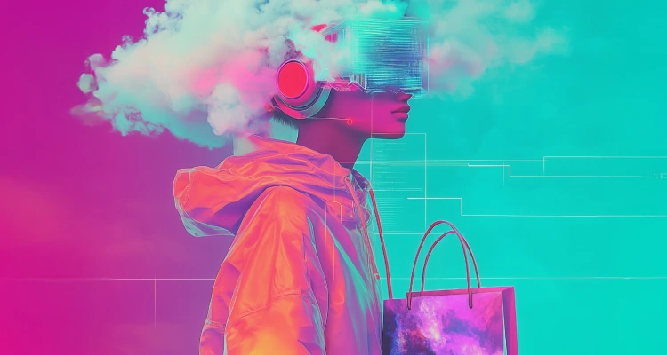 A person with headphones holding a shopping bag amidst clouds