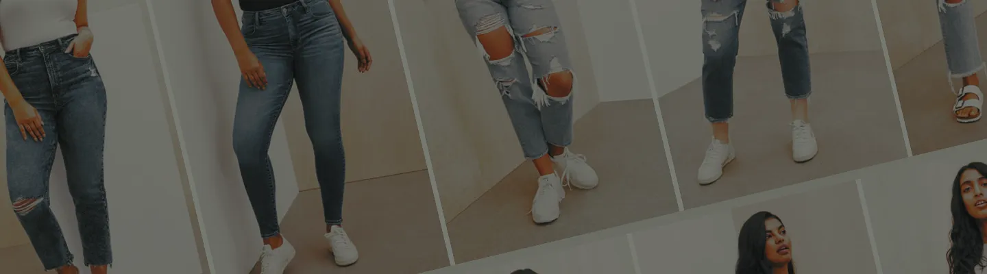 A collage of various denim jeans styles worn by models