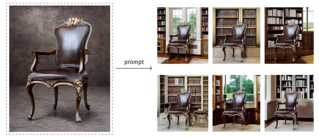 An example of setting a scene using text prompt: “a chair in a luxurious salon, old mansion, panoramic window, bookshelves, attentive detail”