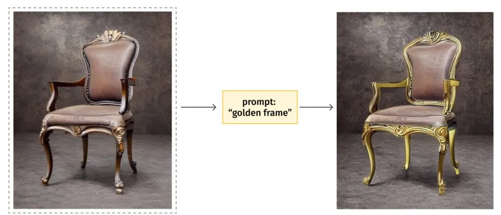 An example of changing chair style using the text prompt: “golden frame”