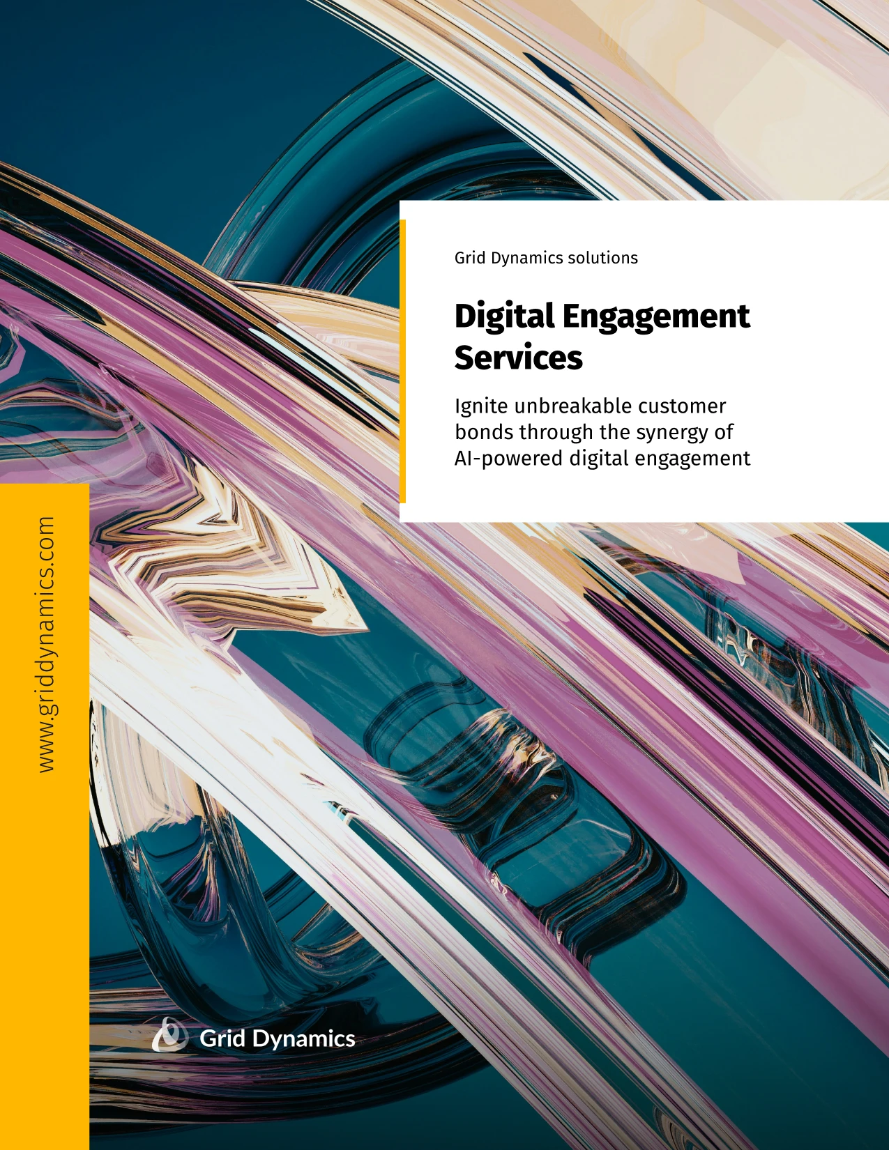 Abstract 3D ribbon shapes with a white title box for “Digital Engagement Services” by Grid Dynamics.