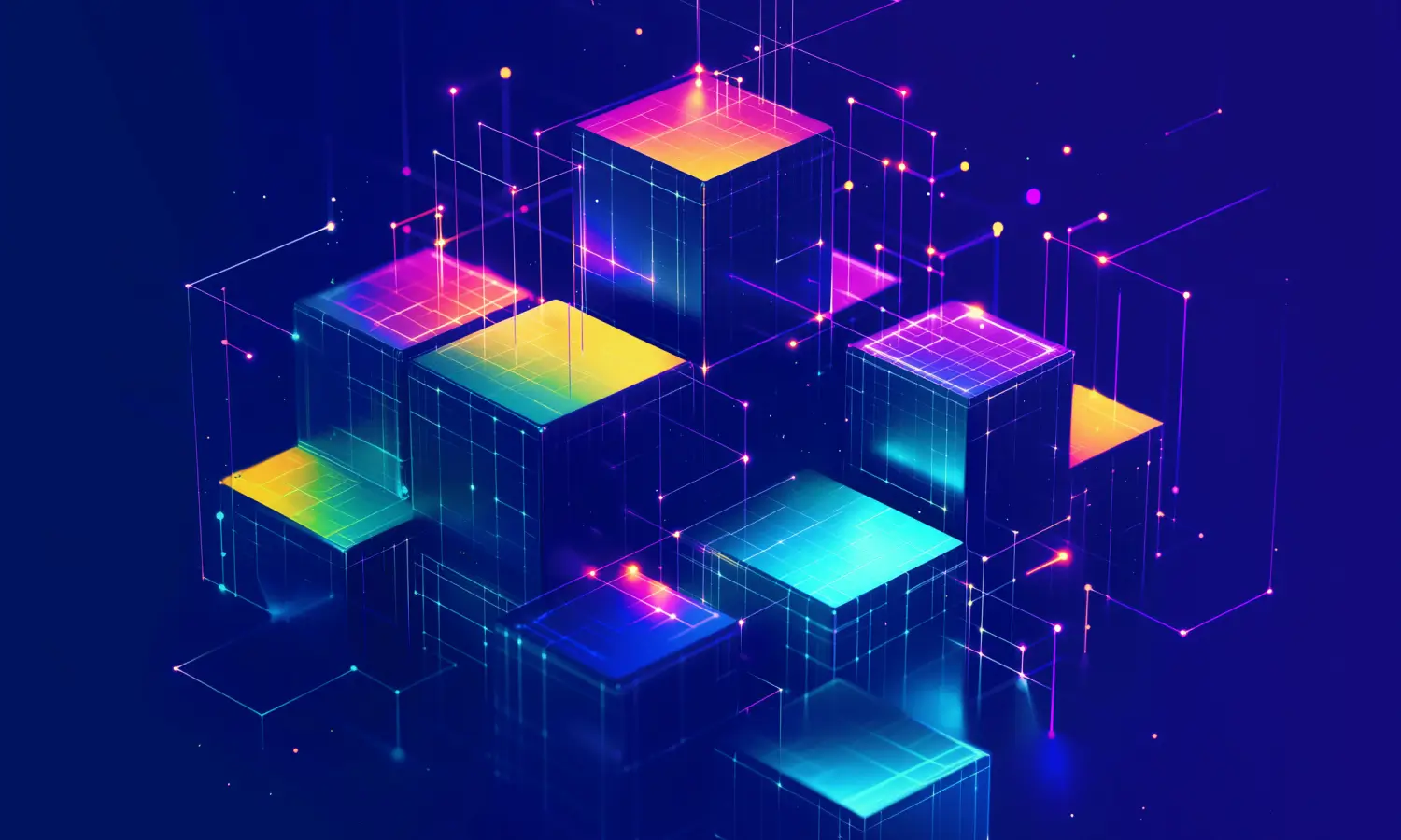 Digital cubes floating in a dark blue space