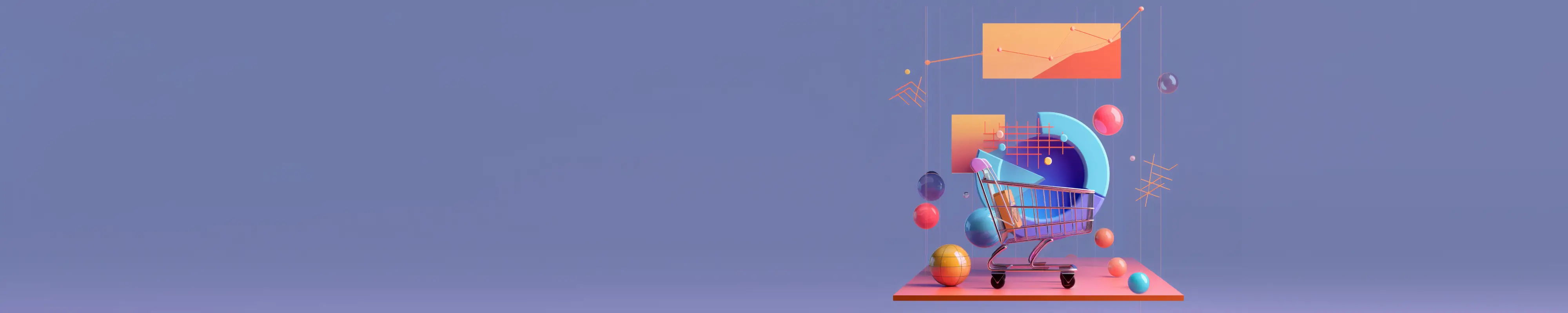 shopping cart surrounded by colorful geometric shapes and spheres