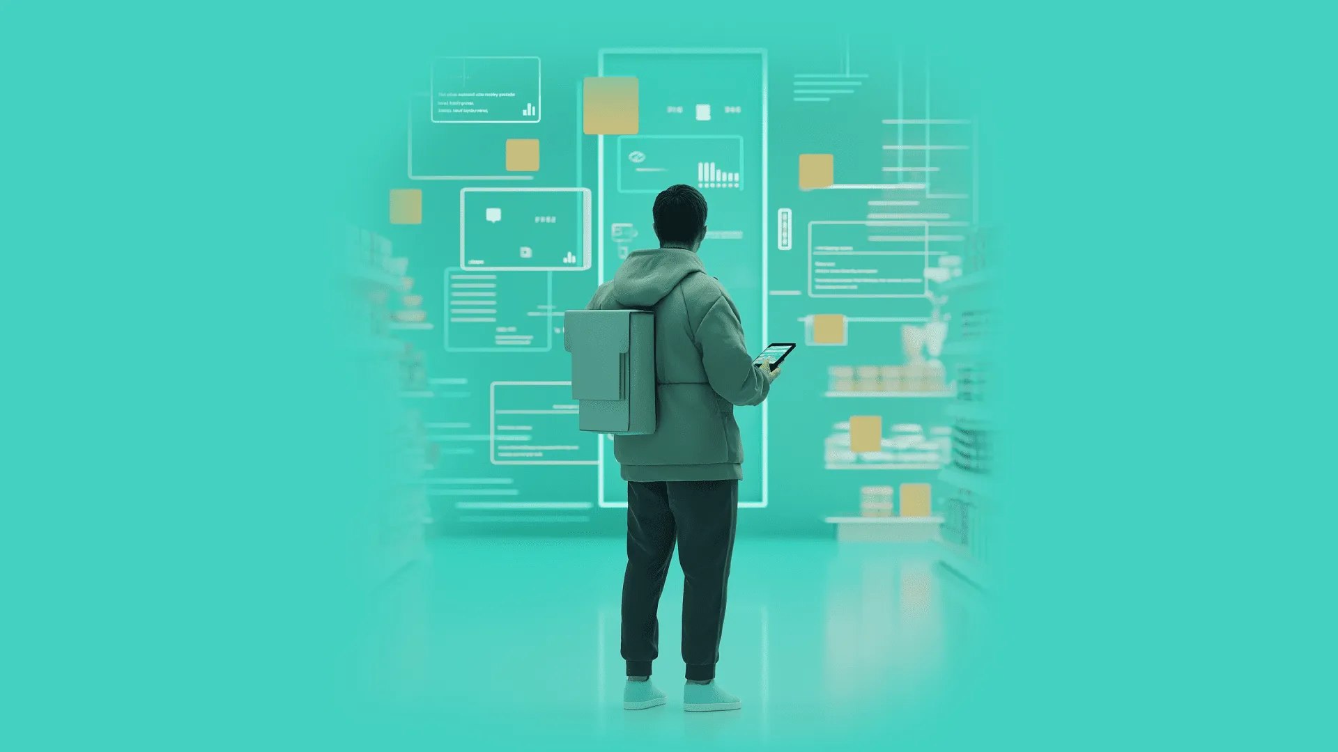 A man in a green hoodie with a matching green backpack holds a tablet while