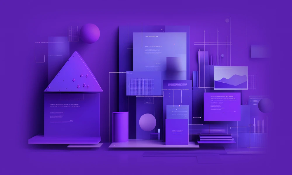 Geometric shapes and digital elements in various shades of purple, representing modern design and technology
