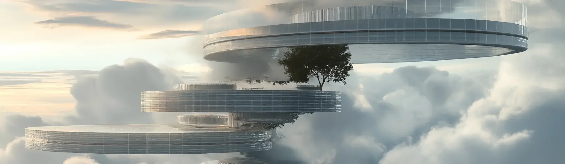Futuristic cloud platforms with circular structures and trees, floating above the clouds.
