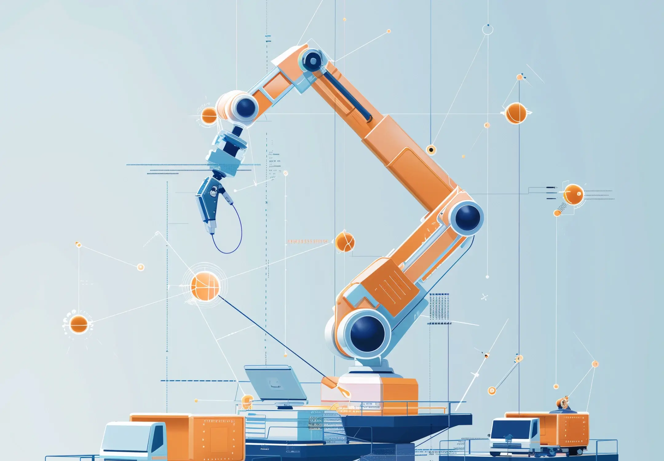 Robotic arm in an abstract, high-tech environment