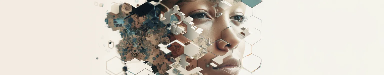 Close-up of an eye with layered hexagonal patterns