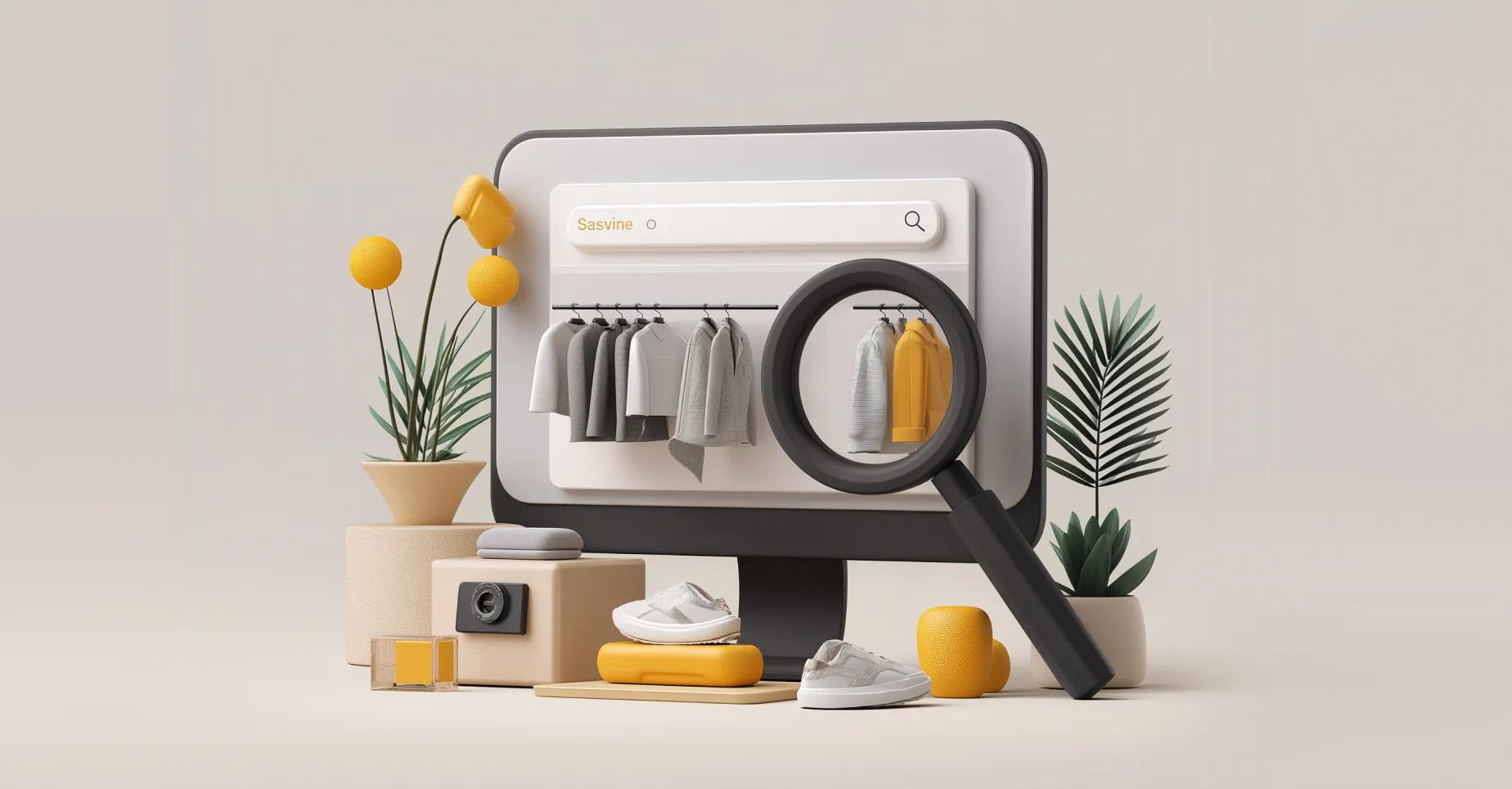 Vertex AI Search demo cover with desktop shopping interface with a magnifying glass over clothing items