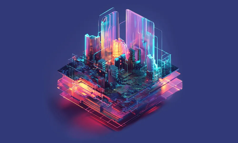 An abstract data storage with a landscape on deep blue background