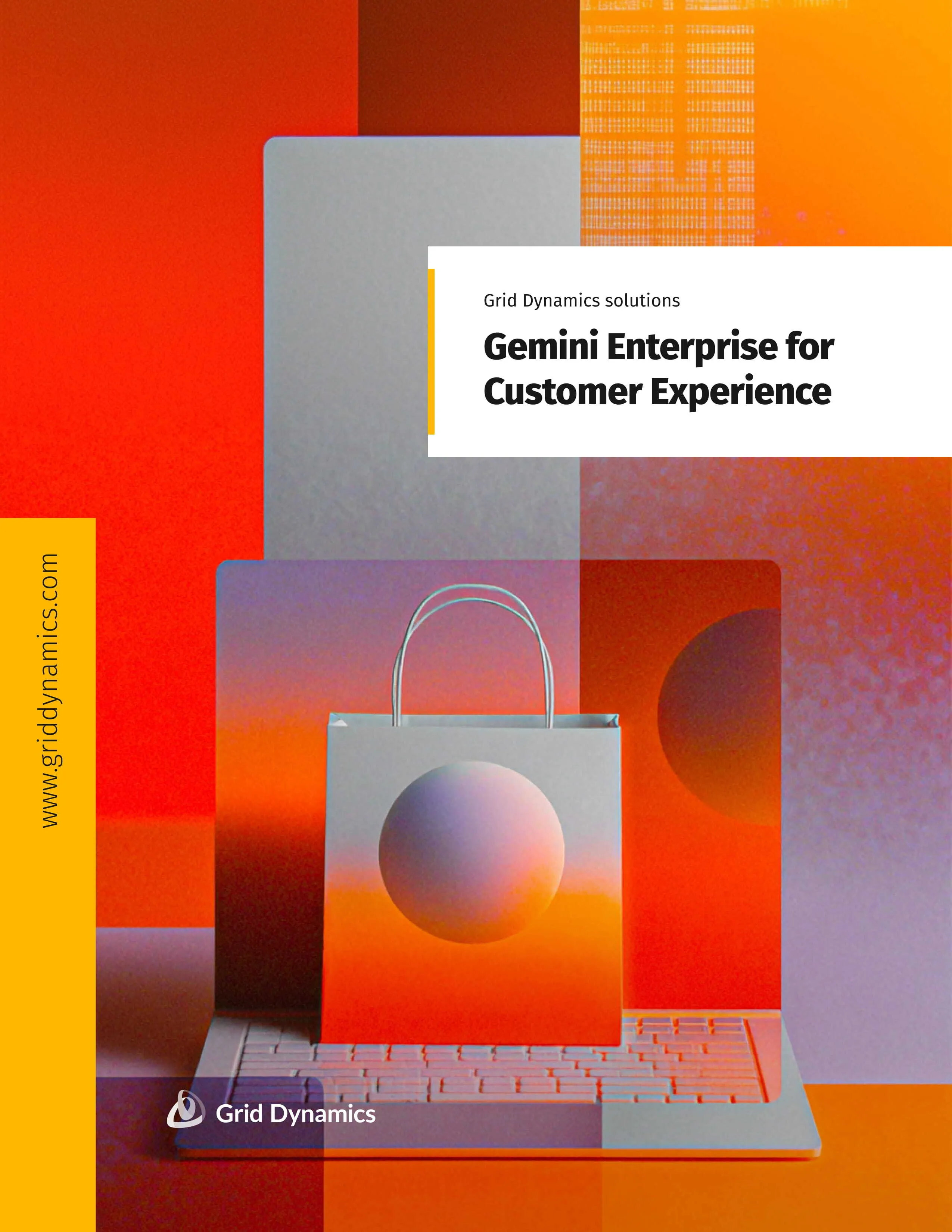 Red, orange and grey purple blocks with a laptop and a shopping bag, representing digital customer experiences