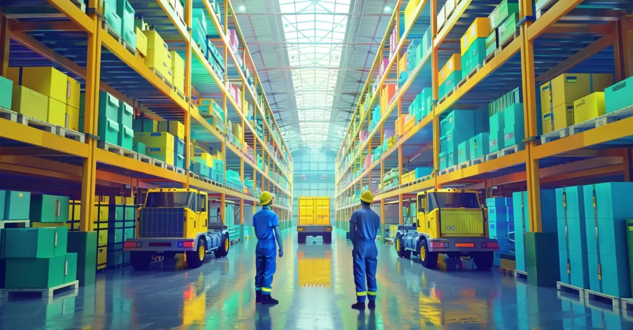 Two workers oversee operations in a large, organized warehouse