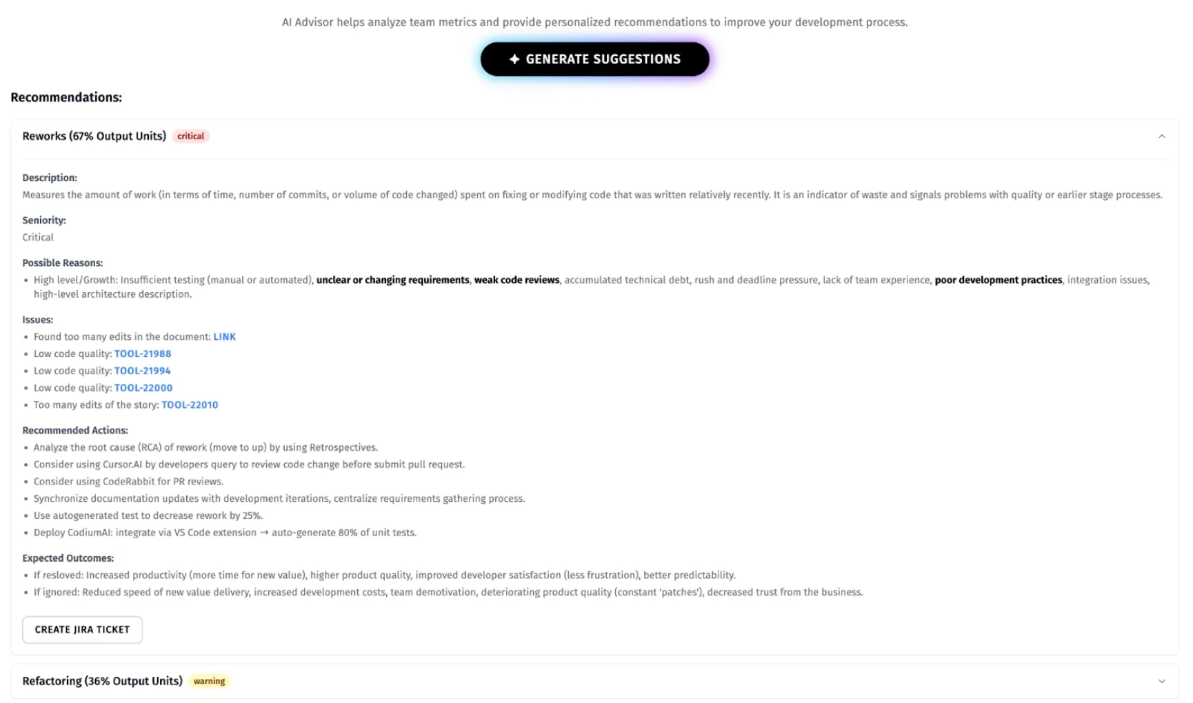 The SDLC Control Tower highlights issues, recommended actions, and expected outcomes, along with the provision to create a new ticket