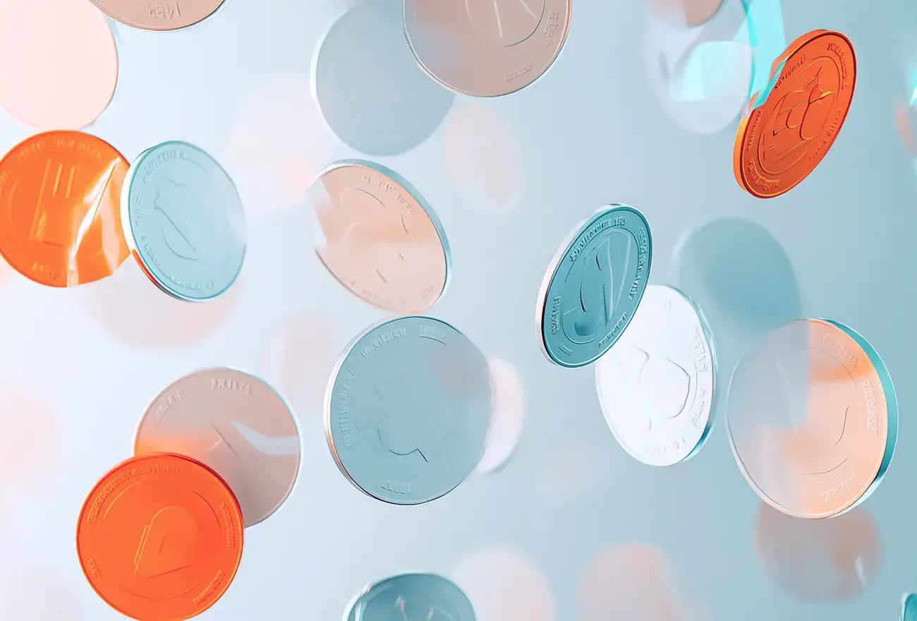 Floating digital coins in orange, blue, and silver tones