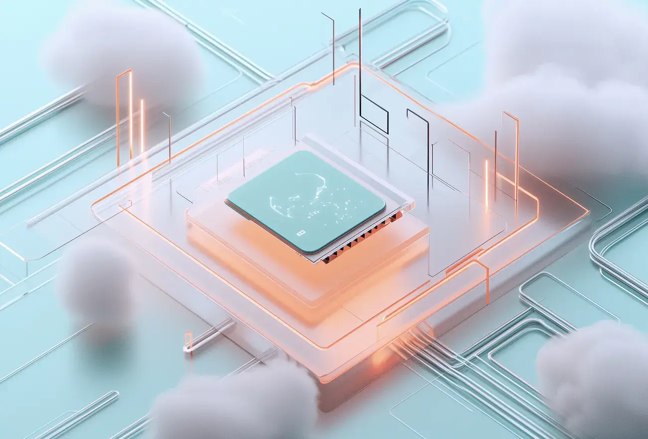Futuristic microchip with glowing circuits and cloud elements