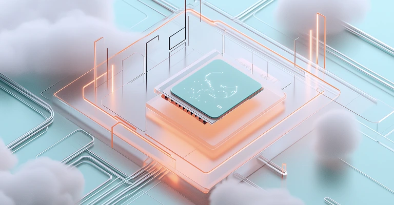 Futuristic microchip with glowing circuits and cloud elements