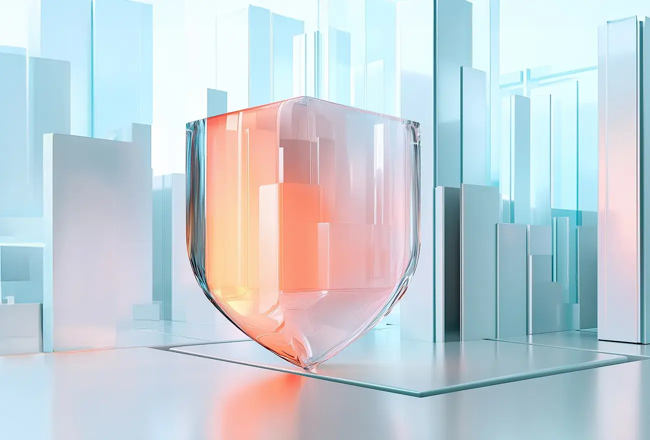 Glass shield with orange glow in a futuristic cityscape