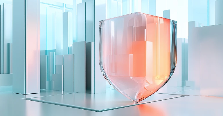 Glass shield with orange glow in a futuristic cityscape
