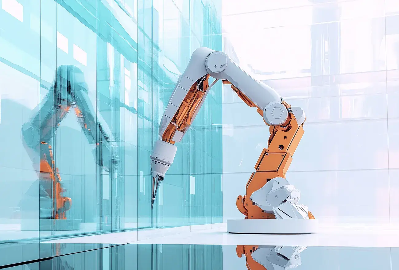 Industrial robotic arm operating in a modern glass-walled environment