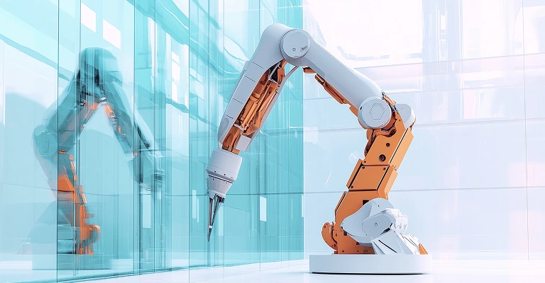 Industrial robotic arm operating in a modern glass-walled environment