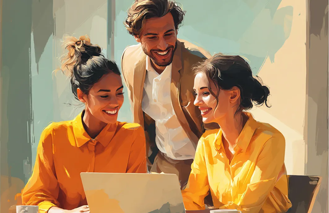 Three colleagues collaborate around a laptop in a bright modern office