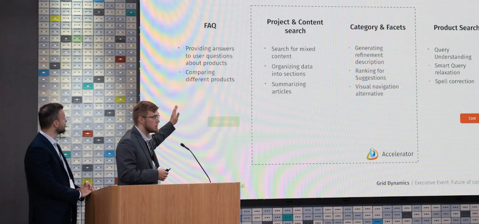 Man pointing at a presentation slide with a search process flowchart.