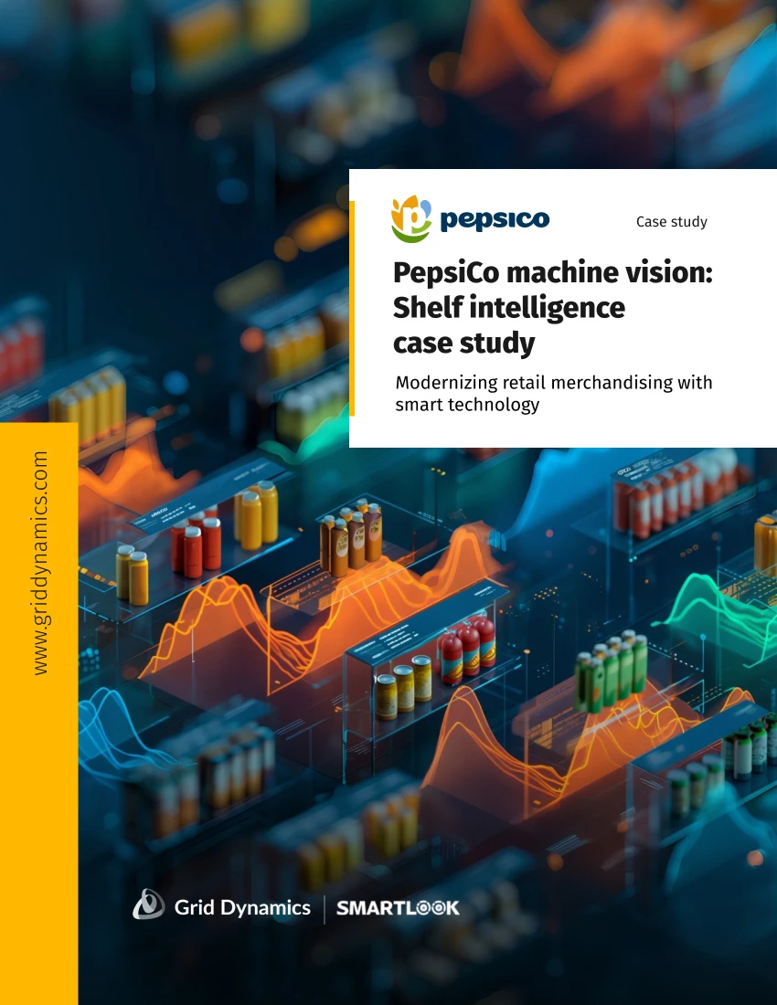 Retail case study cover showing smart shelf analytics visuals with PepsiCo branding, Grid Dynamics and Smartlook logos, and “Shelf intelligence case study” title.