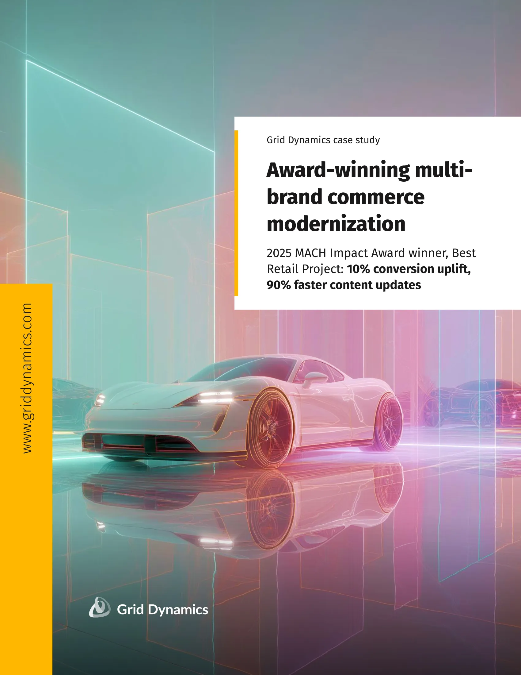 Grid Dynamics case study cover with white sports car in neon showroom, headline &ldquo;Award-winning multi-brand commerce modernization,&rdquo; award callouts, and logo.