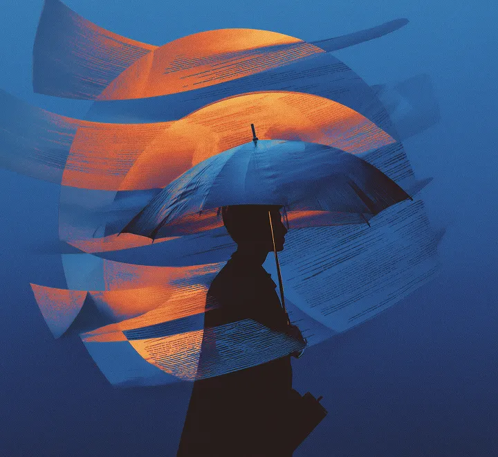 Person with an umbrella and documents