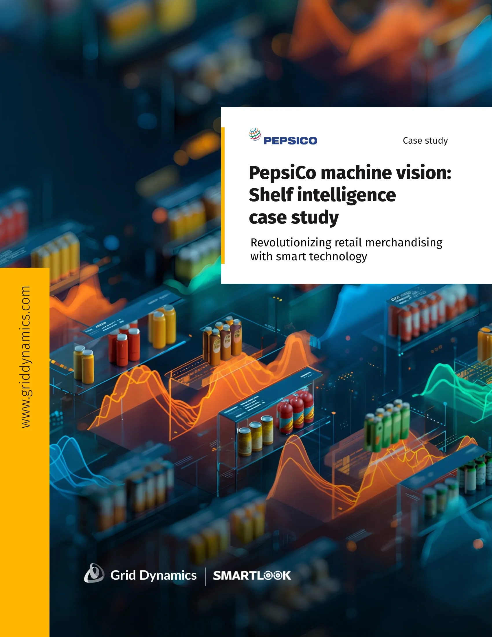Retail case study cover showing smart shelf analytics visuals with PepsiCo branding, Grid Dynamics and Smartlook logos, and “Shelf intelligence case study” title.