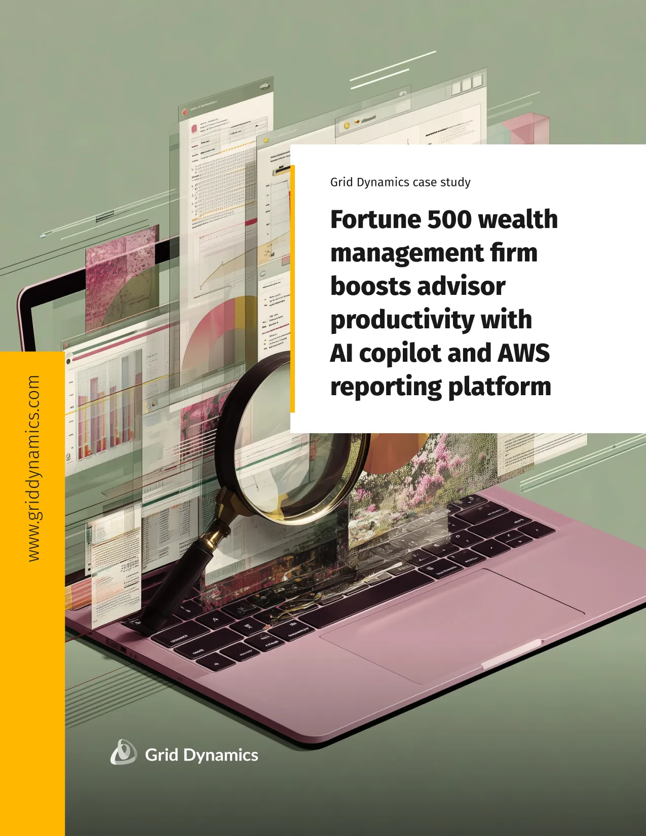 Laptop with floating analytics dashboards and a magnifying glass, illustrating an AI copilot boosting advisor productivity in financial services.