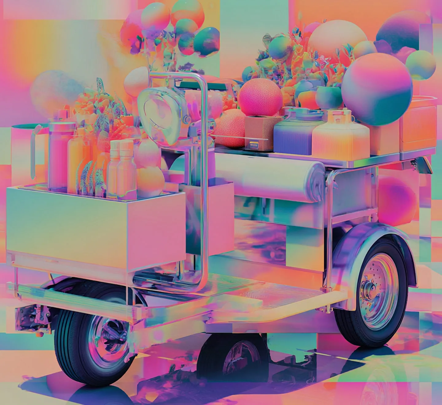 Digital shopping car with goods in neon colors