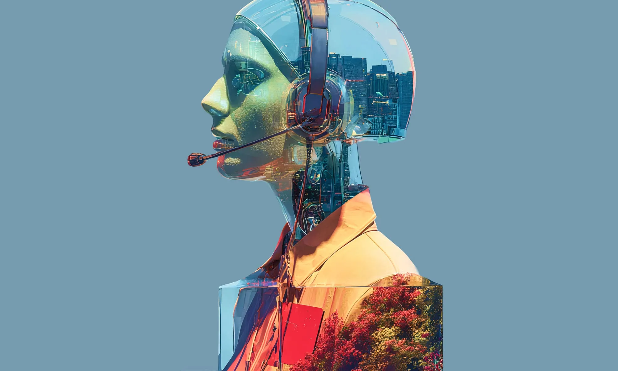 Colorful glass-style AI support assistant on blue background