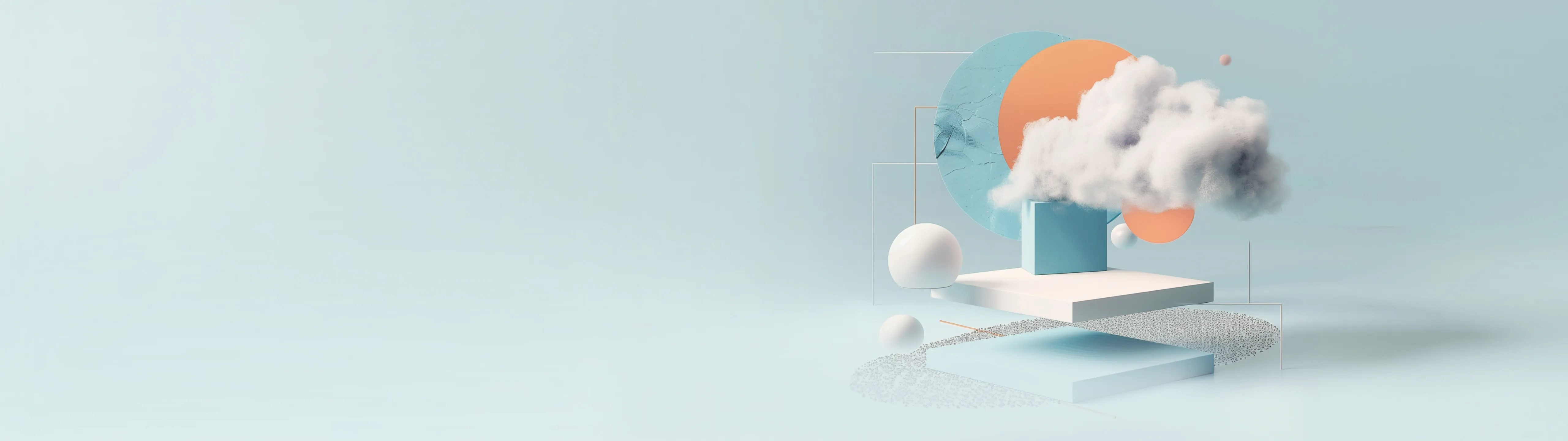 Cloud with geometric shapes in front of orange and blue circles