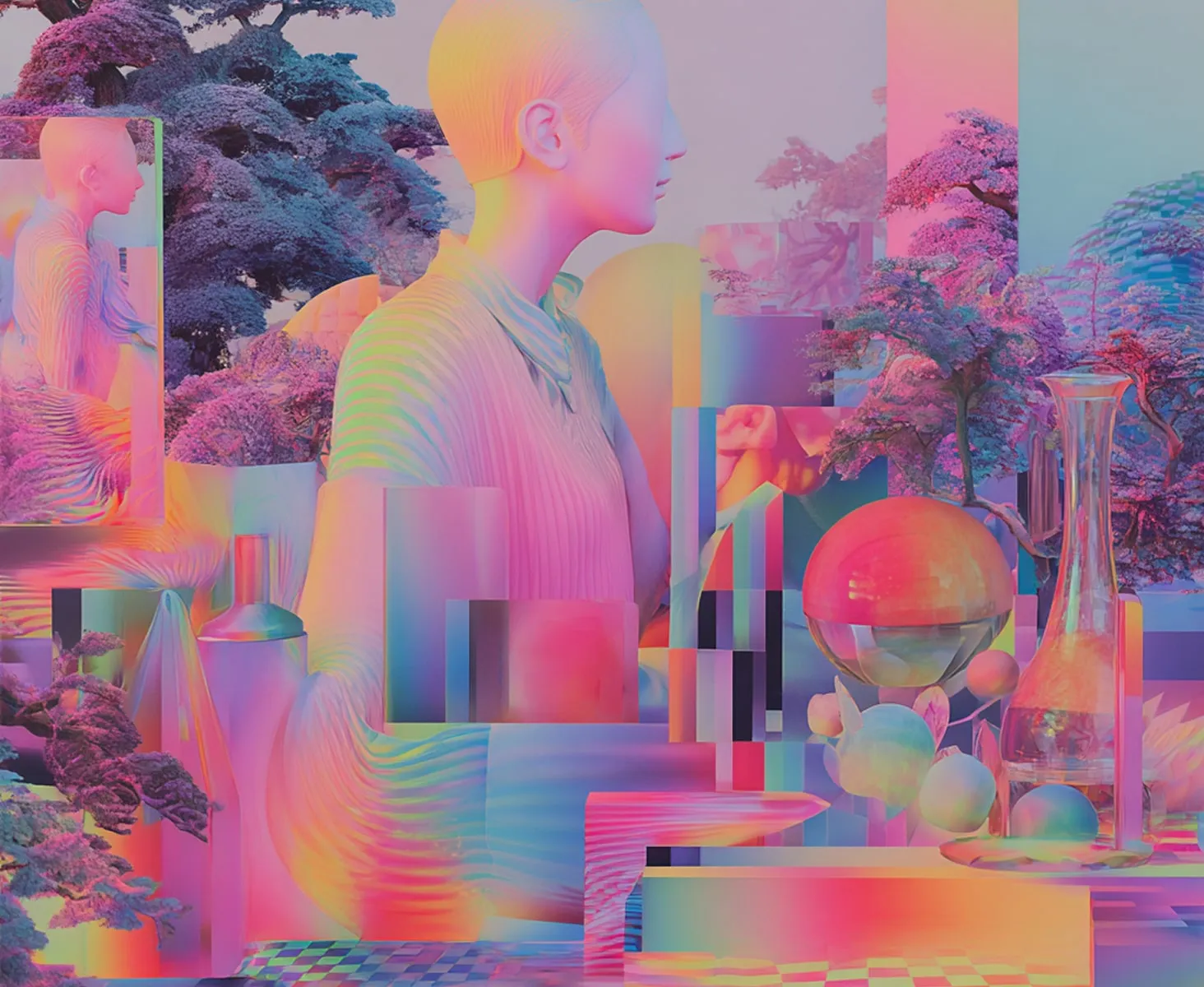 Surreal person with goods and objects in neon colors