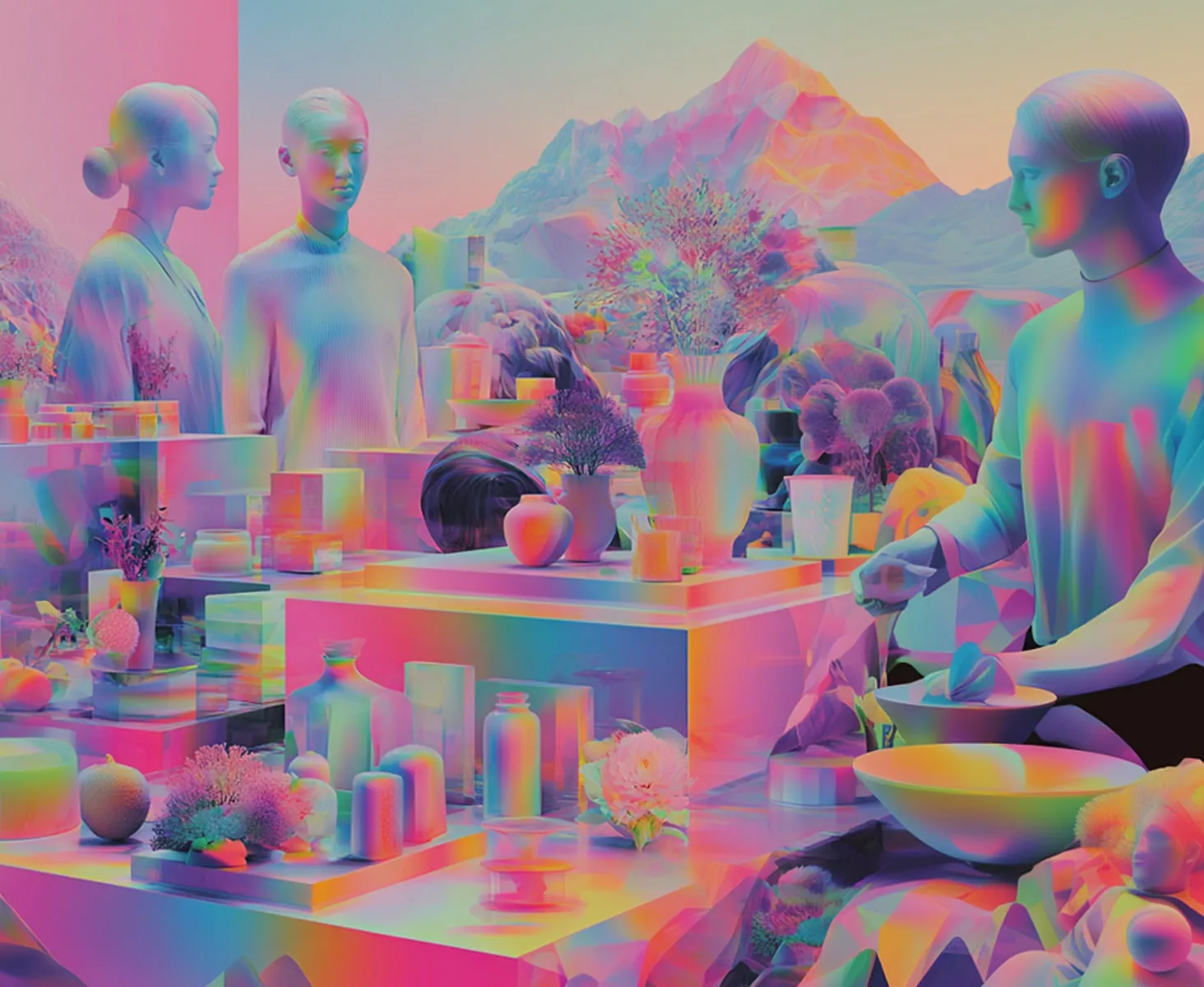 Surreal store with customers and goods in neon colors