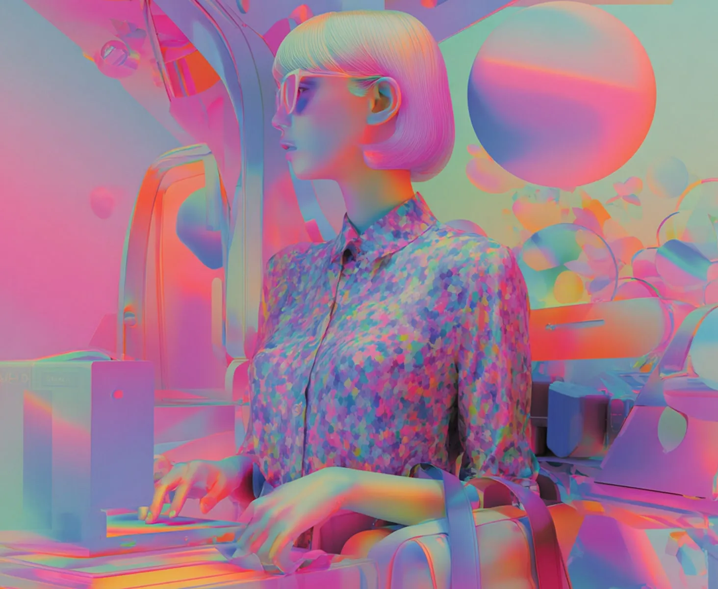 Female customer in surreal store in neon colors