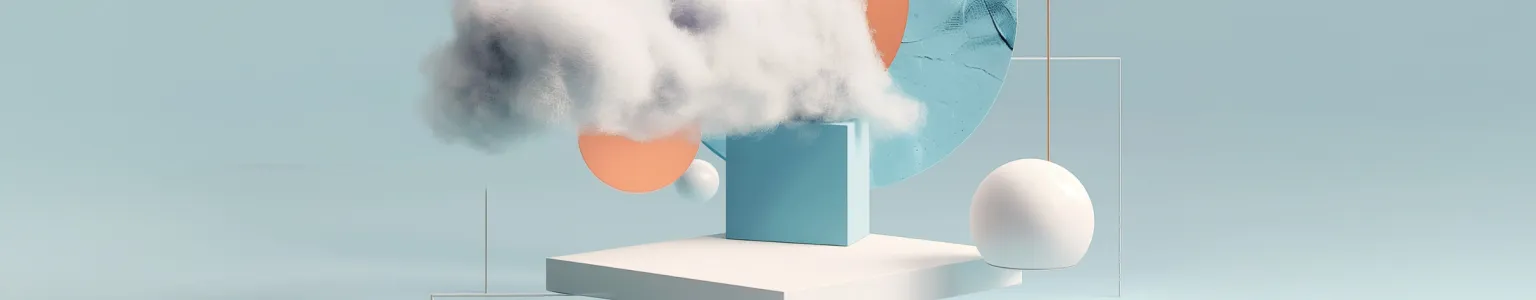 Cloud with geometric shapes in front of orange and blue circles