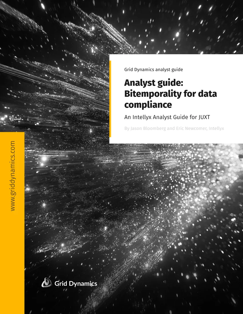 Black and white cosmic star burst background with title, Analyst guide: Bitemporality for data compliance