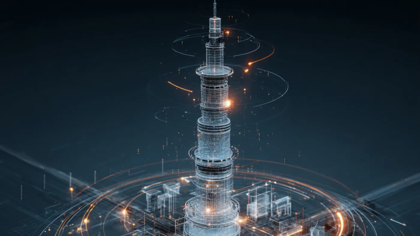 Network tower representing an IoT data knowledge graph with connected sensor nodes, devices, and data relationships.