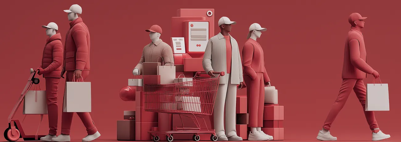Stylized shoppers and digital devices illustrating agentic payments.