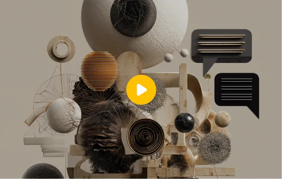 Abstract AI shapes with play button illustrating video about AI-native development.