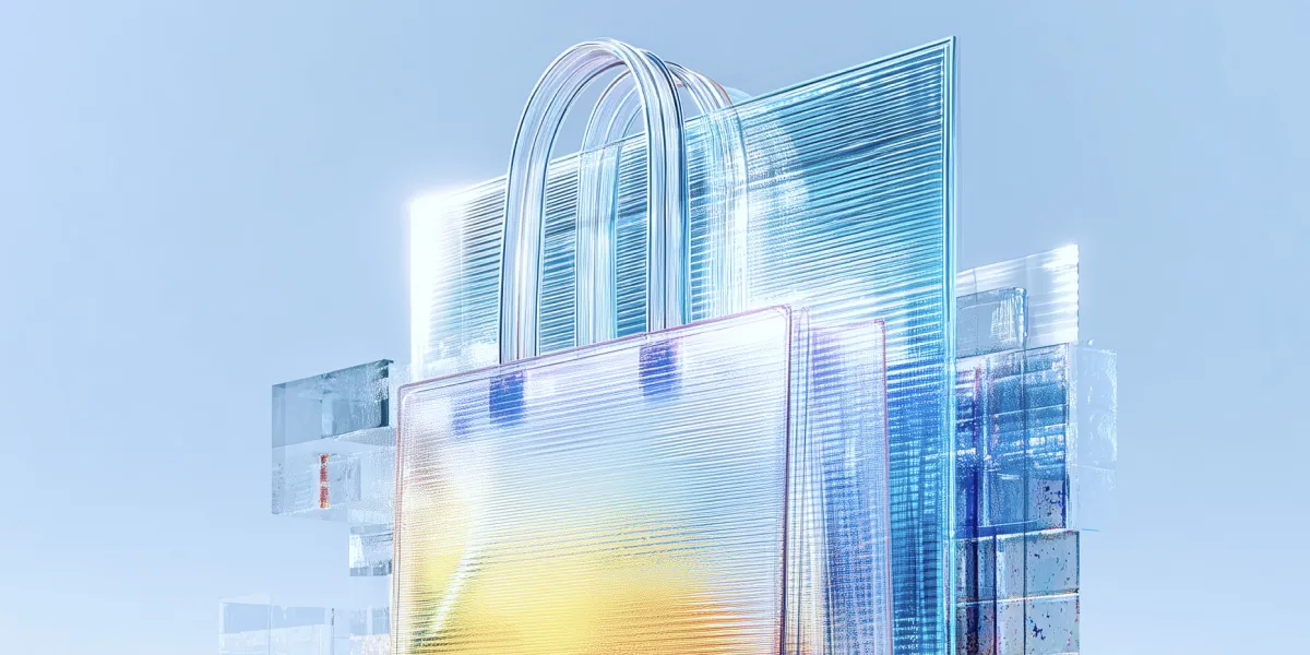 Futuristic shopping bag and geometric shapes