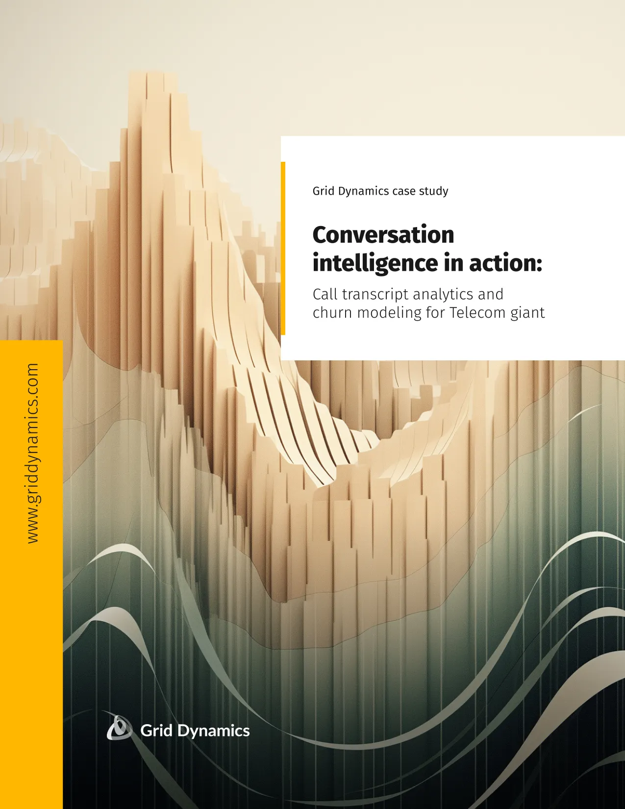 Case study cover with deep teal and taupe waves representing conversational intelligence and churn prevention