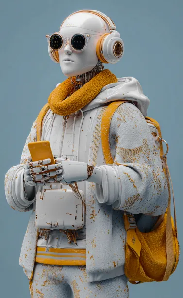 Humanoid robot with headphones and smartphone symbolizing agentic AI.