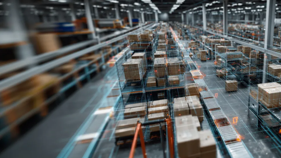 AI order fulfillment video monitoring overlay on warehouse sortation facility with conveyor belts and parcels