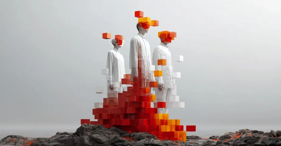 AI demand forecasting model comparison visualization showing pixelated human figures with data blocks representing Time Series Foundation Models and predictive analytics
