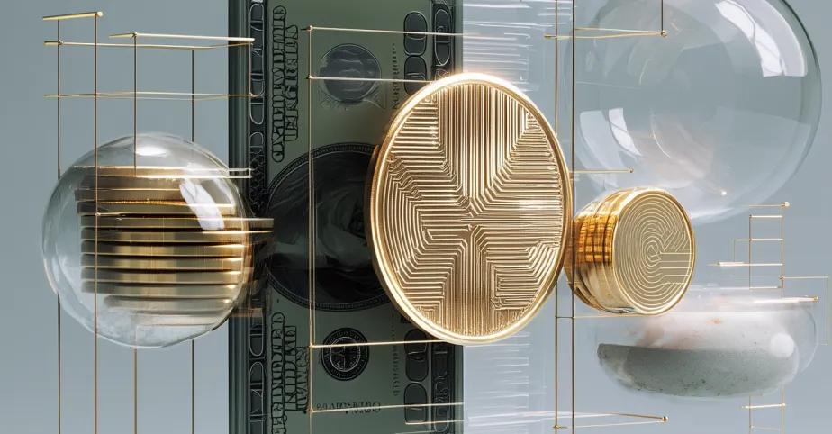 Conceptual image showing cryptocurrency coins, US dollar bill, and transparent spheres representing digital finance