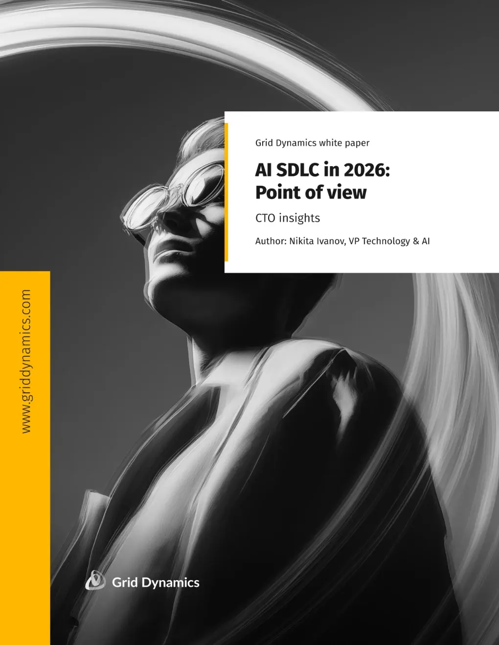 Cover of the “AI SDLC in 2026: Point of view” white paper on AI SDLC maturity, featuring a stylized person looking upward with dynamic light trails.