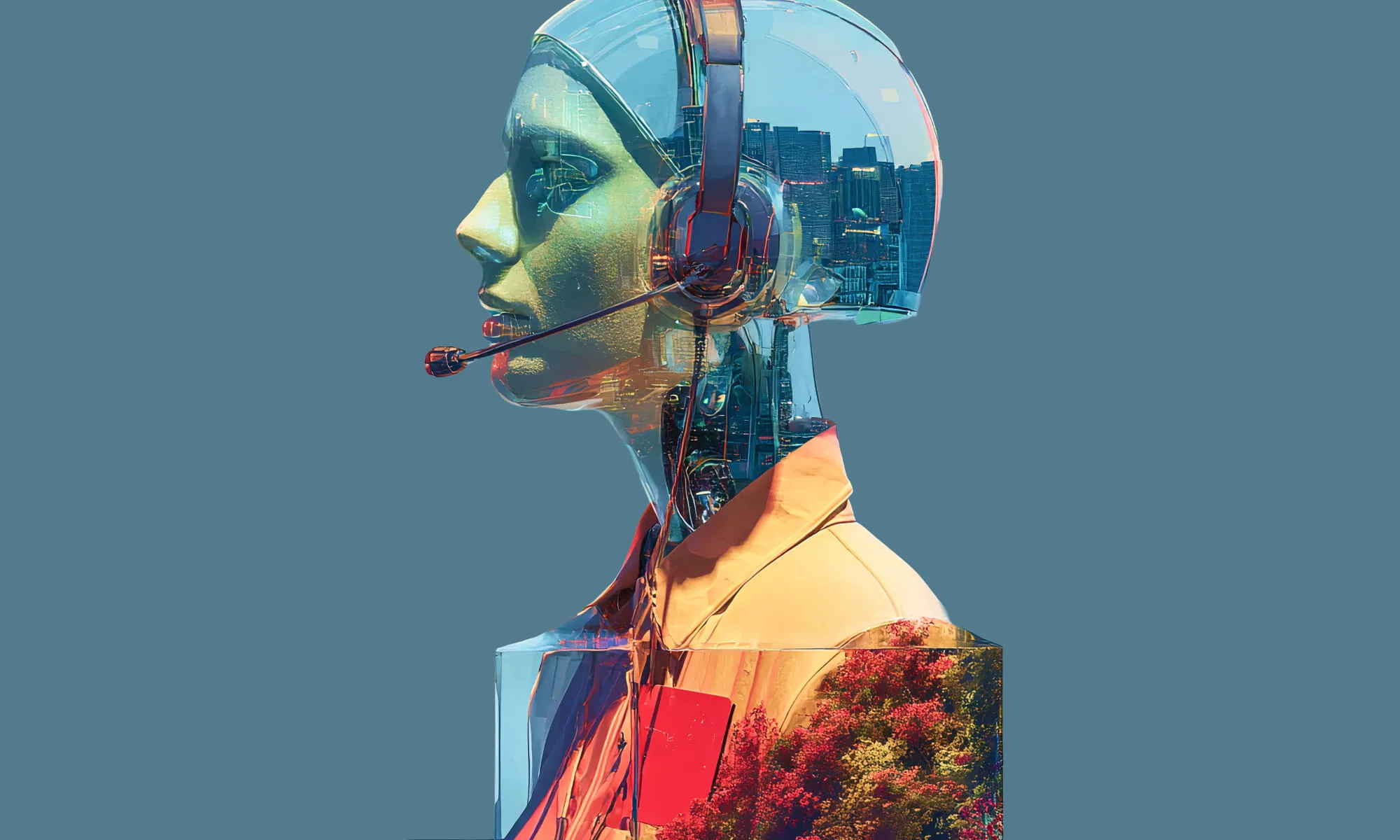 Colorful glass-style AI support assistant on blue background